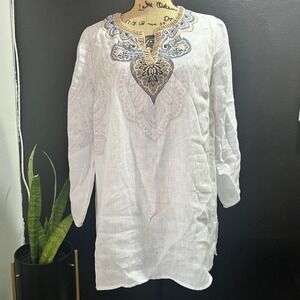 J Jill Love Linen Tunic Womens Top Small White Beige Paisley‎ Embroidered Beaded